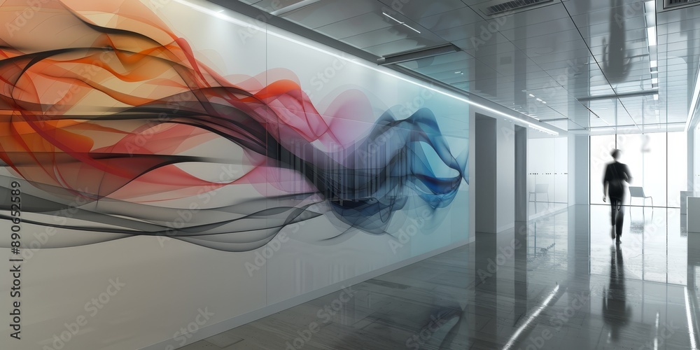 Poster futuristic 3d artwork on a tech company's office wall, integrating digital elements and led lighting