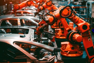 Fototapeta premium A row of orange robotic arms work diligently in a busy car factory, assembling the frames of new vehicles.