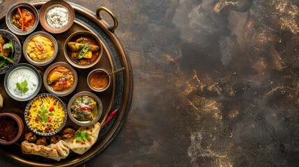 A traditional Indian thali with a variety of dishes served on a rustic stone background, showcasing vibrant and flavorful Indian cuisine.