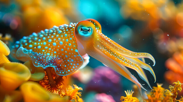 close up cuttle fish on coral reef in ocean