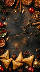 Festive holiday food and spices arranged on a dark background with Christmas decorations, creating a warm and cozy atmosphere.