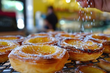 Fototapeta premium A close-up of a freshly baked pastel de nata being dusted with powdered sugar, showcasing the delicate layers of pastry and the golden custard filling.