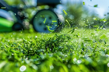 A close-up view of freshly cut grass clippings being expelled from a lawnmower, with the blade spinning in the background.