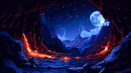 digital art cave of volcano style vector and cartoon