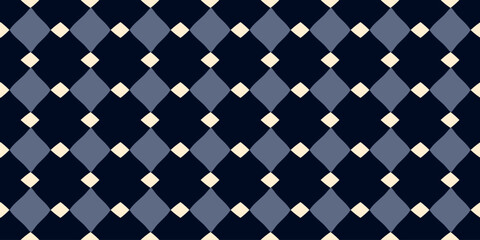 Modern plaid pattern diamonds motif classic blue background seamless vector graphic. Abstract square tiles minimal geometric design fabric, textile, wallpaper. Easy to recolor all over print block.