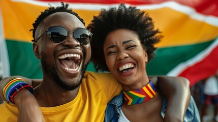 A happy pair is seen celebrating vibrantly with bright smiles and a national flag against a scenic outdoor backdrop, embodying joyful emotions and patriotic unity.