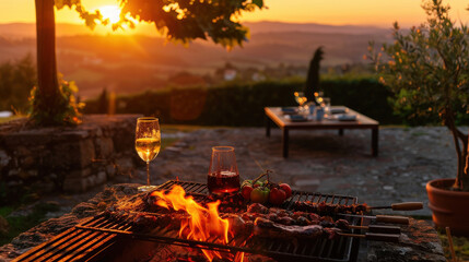 Evening BBQ with a view, grill fire blending with the sunset's warm tones