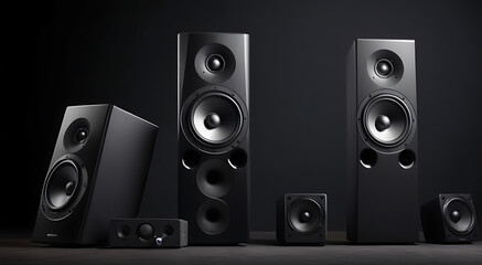 Fototapeta premium A loudspeakers for music and surround sound home theatre system placed in dark background with copy space, sound system banner design on isolated background 
