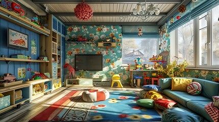Fototapeta premium A Vibrant and Colorful Playroom with Fun Wall Décor