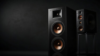 Fototapeta premium A loudspeakers for music and surround sound home theatre system placed in dark background with copy space, sound system banner design on isolated background 