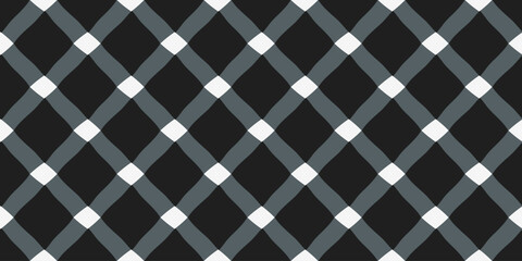 Black and white plaid pattern diamonds motif classic lines background vector graphic. Abstract square tiles minimal geometric design fabric, textile, wallpaper. Easy to recolor allover print block.