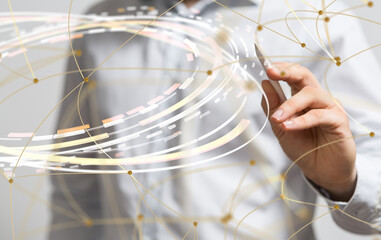 abstract lines with dots over dark background.