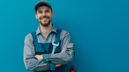 Smiling Plumber with a Wrench: Ready to Fix Your Plumbing Problems