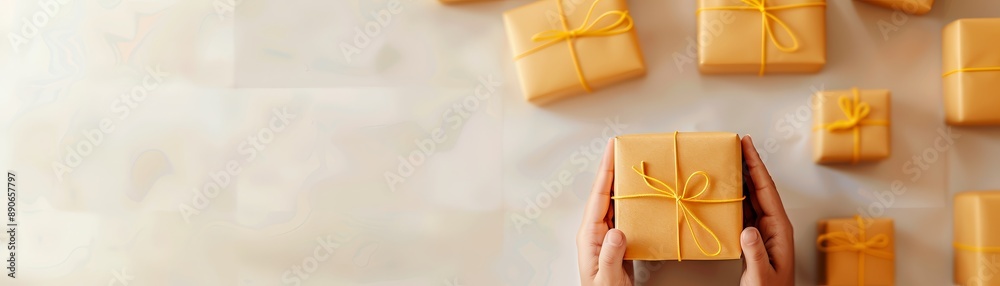 Poster Hand Holding a Gift Box Surrounded by Other Gifts.