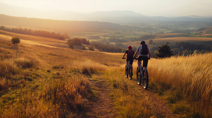 Fototapeta premium Two people on bikes ride down a dirt road in a field