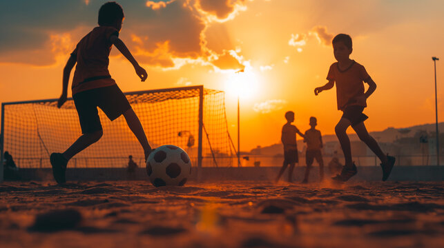 A group of children playing soccer on a sandy field