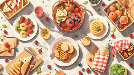 A colorful table with a variety of food and drinks, including waffles, fruit