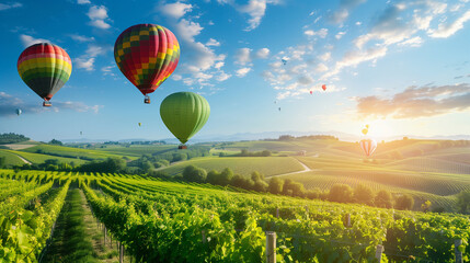 Fototapeta premium Vibrant hot air balloons gracefully float over lush vineyards during a serene sunrise, creating a picturesque and tranquil landscape.