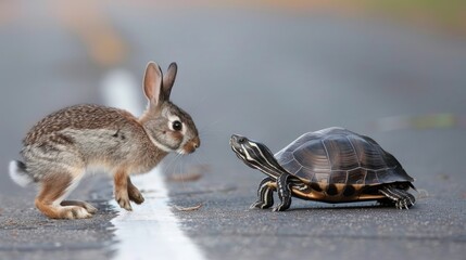 Obraz premium Epic Race Between A Rabbit And A Turtle On The Road