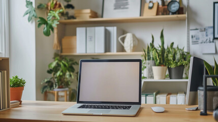 Fototapeta premium A laptop sits on a desk in a room with a lot of plants