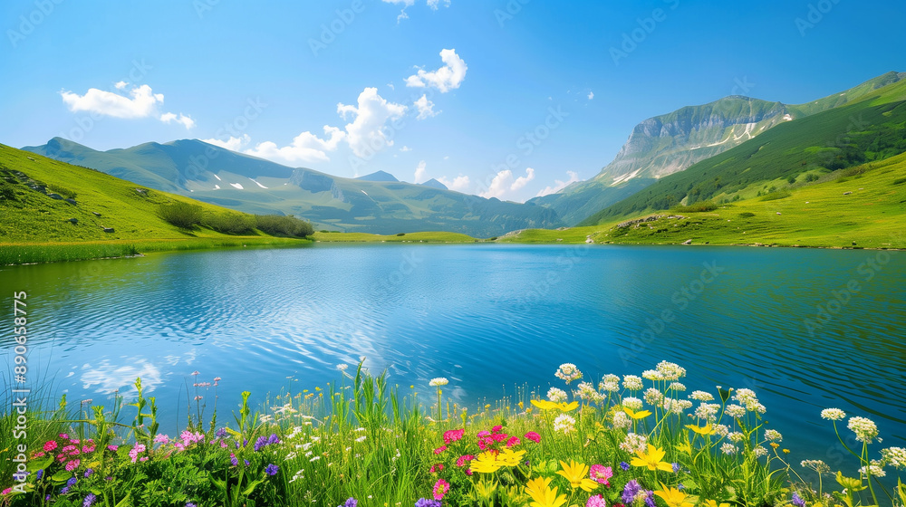 Wall mural a picturesque mountain lake with clear blue water surrounded by lush green hills and vibrant wildflo