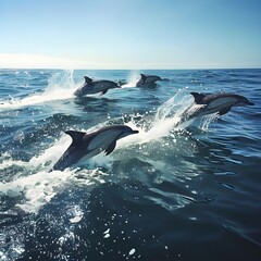Fototapeta premium Dolphins gracefully leaping out of the water in the open ocean.