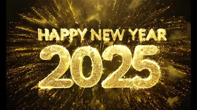 Happy New Year 2025. Fireworks, Happy New Year text and 2025 on a dark background. 