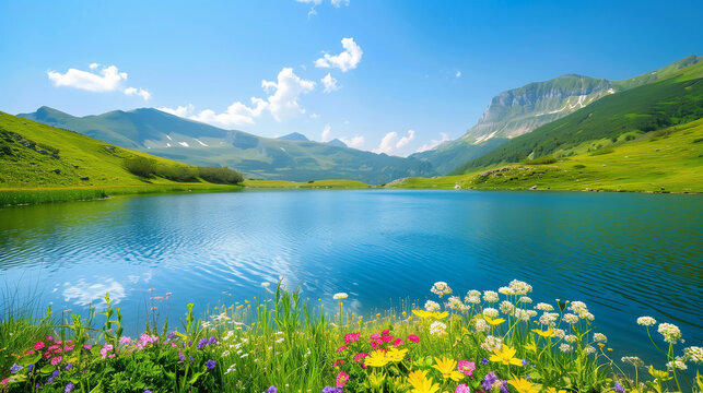 A picturesque mountain lake with clear blue water surrounded by lush green hills and vibrant wildflowers under a bright blue sky with fluffy white clouds.