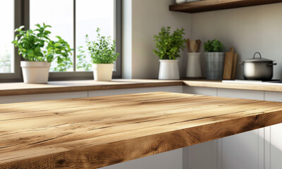 A kitchen counter top with a blurry background, for advertising , product display 3d rendering	