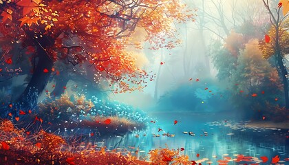 Beautiful Autumn Landscape in a Magic Forest, Fantasy Background
