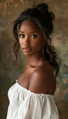 Naklejka premium Portrait of a stunning black woman in white linen top, emulating old master style in vintage setting