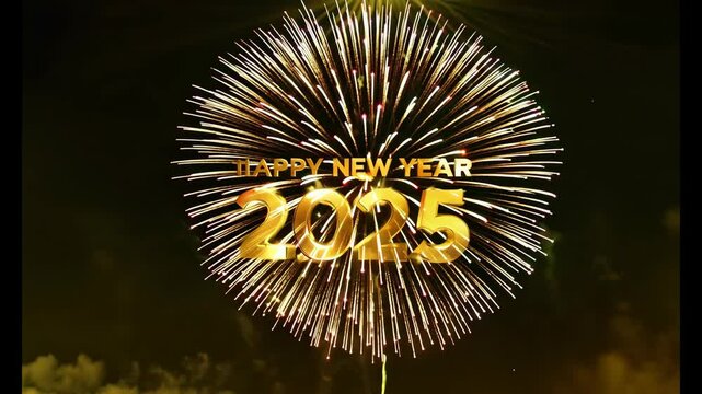 Happy New Year 2025. Fireworks, Happy New Year text and 2025 on a dark background. 