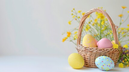 A wicker basket filled with colorful Easter eggs sits among yellow flowers, with two more eggs resting on a white surface