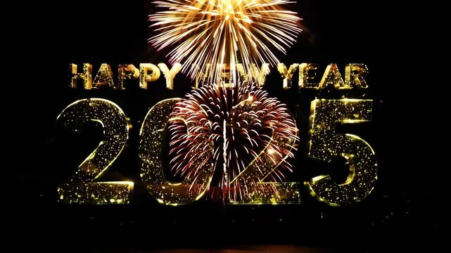 Happy New Year 2025. Fireworks, Happy New Year text and 2025 on a dark background. 
