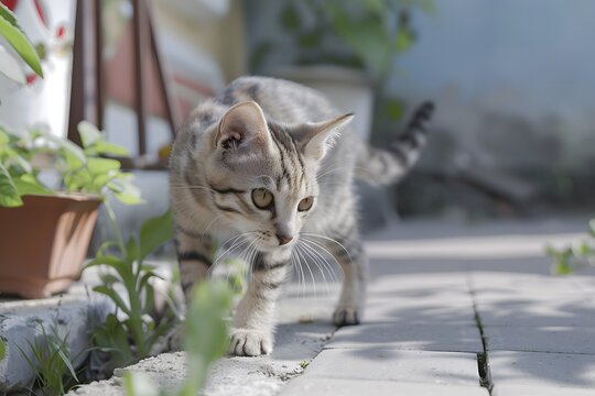 Curious tabby cat exploring a sunny garden patio surrounded by potted plants.
