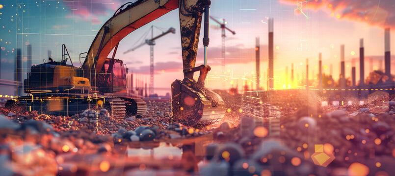 An excavator works at a construction site as the sun sets, while futuristic data visualization overlays the scene