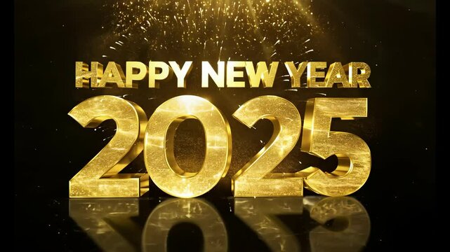 Happy New Year 2025. Fireworks, Happy New Year text and 2025 on a dark background. 