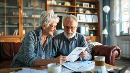 Happy elderly couple in their living room organizing bills and retirement documents