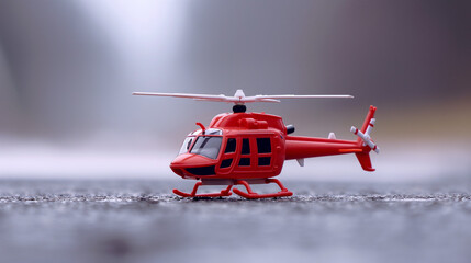 Closeup of plastic red helicopter chopper model toy. Aircraft transport and travel, child aviation flight play