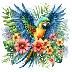 Fototapeta premium Isolated watercolor illustration of parrot with tropical leaves and flowers on wite background. 