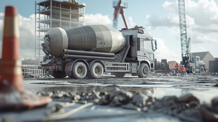 Concrete mixer truck at construction site with scaffolding