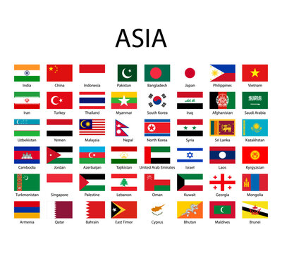 Flags of Asian countries. 48 countries with their capital city on the Asian continent
