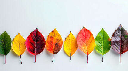 Obraz premium Colorful leaves are arranged in a row on a white background,