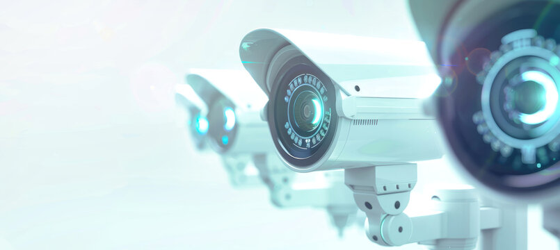 A 3D rendering of surveillance cameras with holographic displays, capturing the essence of advanced security systems