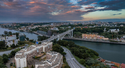 Aerial view of the European city Porto with Luis I Bridge over Douro river in Portugal, aerial view. Panoramic aerial view of Dom Luis Bridge in Porto