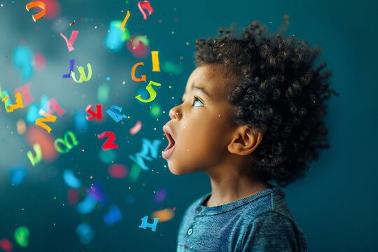 A young boy is learning to speak, or learning a foreign language.  Colorful letters fly out of his mouth. A creative representation of language learning and children's education