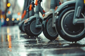 Fototapeta premium close-up and bottom view of a group of electric push scooters available for rent, with a blurred city street