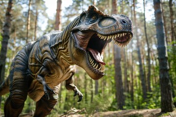 a carnivorous tyrannosaurus rex dinosaur in a forest