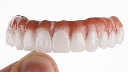 beautiful dental prosthesis made of zircon of the upper jaw on a white background © Dental Pro Content