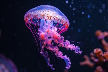Close-up of a beautiful jellyfish with pink and violet tentacles and fluorescent colors, swimming in the dark water
